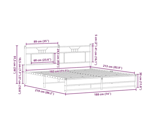 Estructura de cama sin colchón metal roble marrón 183x213 cm