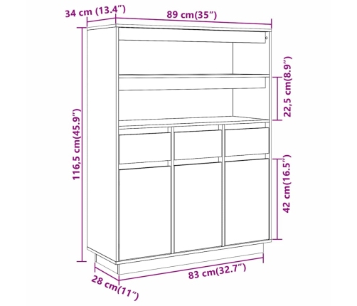 Aparador alto de madera maciza de pino 89x34x116,5 cm