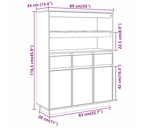 Aparador alto de madera maciza de pino blanco 89x34x116,5 cm