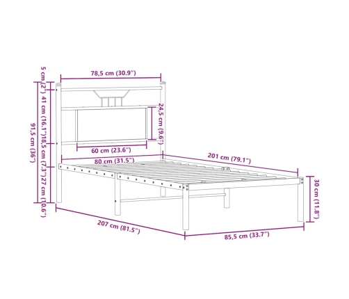 Estructura cama sin colchón madera roble ahumado 80x200 cm