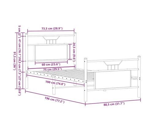 Estructura cama sin colchón madera roble ahumado 75x190 cm