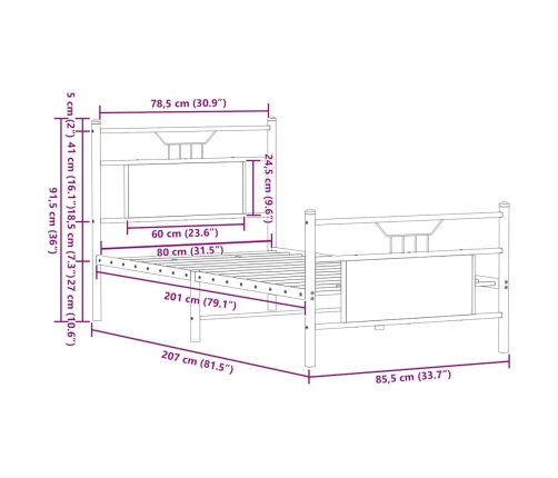 Estructura cama sin colchón madera roble ahumado 80x200 cm