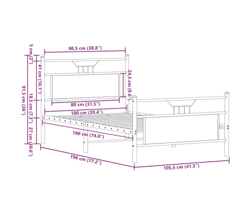 Estructura de cama sin colchón madera roble ahumado 100x190 cm