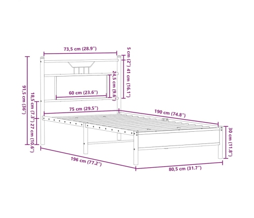 Estructura cama sin colchón madera roble ahumado 75x190 cm