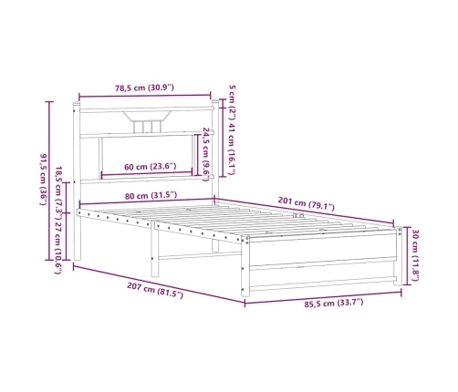 Estructura cama sin colchón madera roble ahumado 80x200 cm