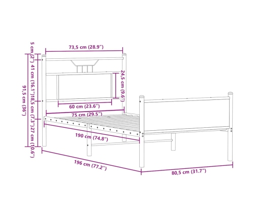 Estructura cama sin colchón madera roble ahumado 75x190 cm