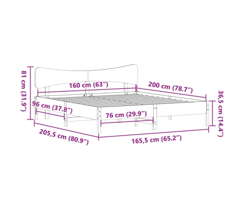 Cama sin colchón madera maciza de pino marrón cera 160x200 cm