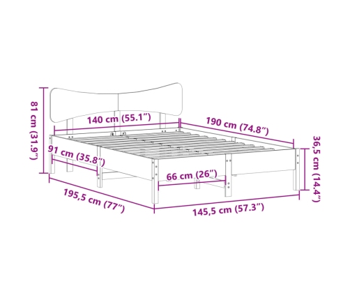 Estructura de cama sin colchón madera maciza de pino 140x190 cm