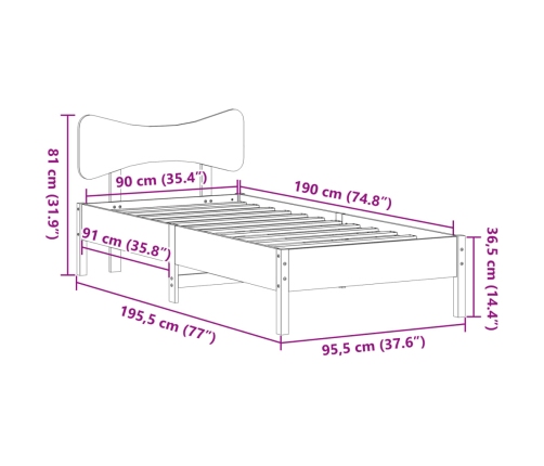 Estructura de cama sin colchón madera maciza de pino 90x190 cm