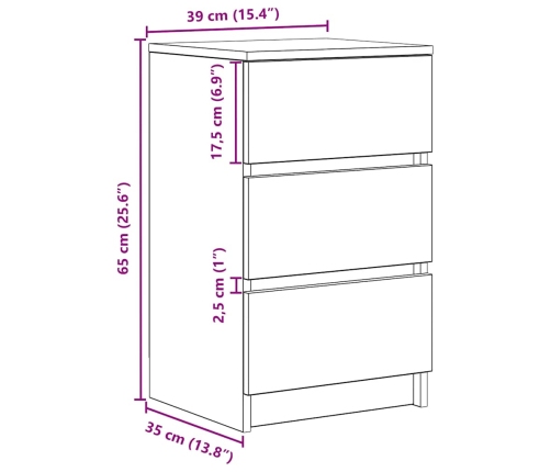 Mesilla de noche con 3 cajones roble artesanal 39x35x65 cm