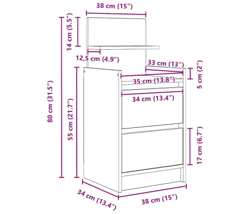 Mesilla de noche con 2 cajones roble artesanal 38x34x80 cm