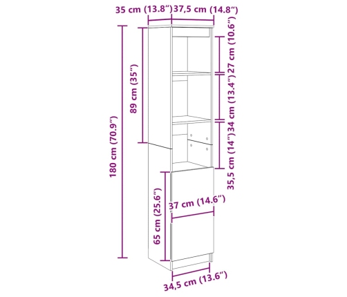 Aparador alto roble negro 37,5x35x180 cm madera de ingeniería