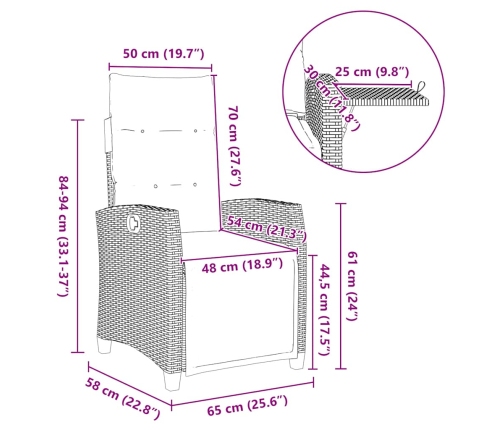 Silla de jardín reclinable con mesa auxiliar ratán gris