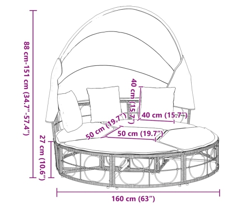 Tumbona cama de jardín con capota y cojines ratán PE