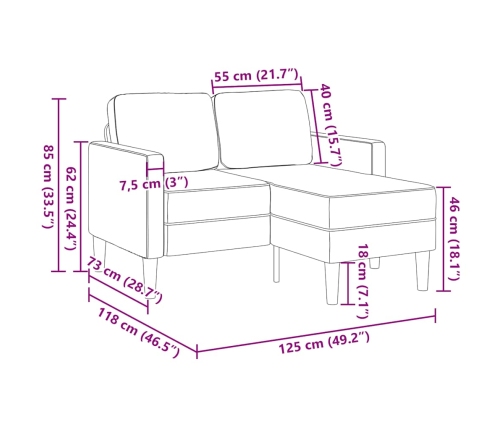 Sofá de 2 plazas con chaise longue en forma L tela crema 125 cm