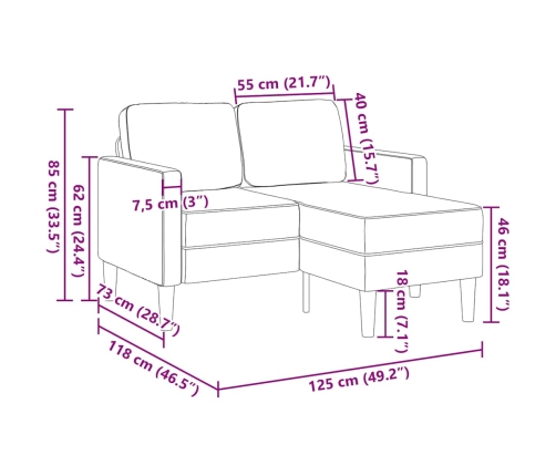 Sofá de 2 plazas con chaise longue en forma L gris oscuro 125cm