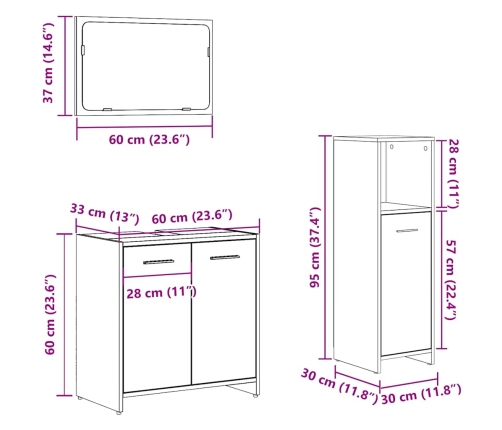 Juego de muebles de baño 3 piezas madera ingeniería envejecida