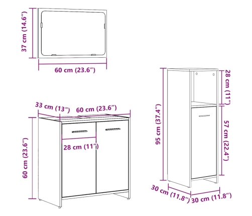 Juego de muebles baño 3 piezas madera ingeniería roble artisan