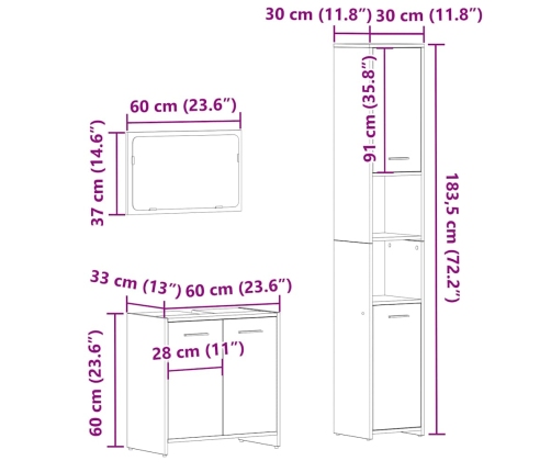 Juego de muebles de baño 3 piezas madera ingeniería envejecida