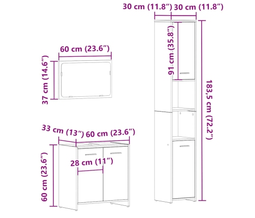 Juego de muebles baño 3 piezas madera ingeniería roble artisan