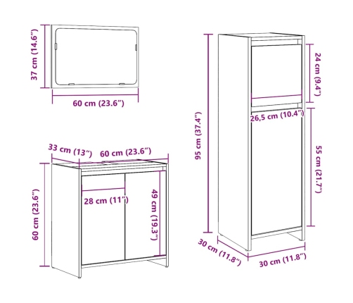 Juego de muebles de baño 3 piezas madera ingeniería envejecida