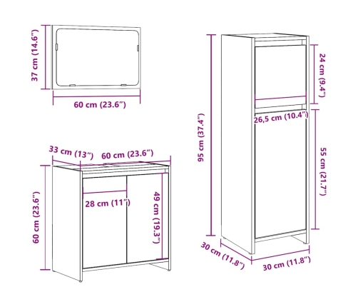 Juego de muebles baño 3 piezas madera ingeniería roble artisan