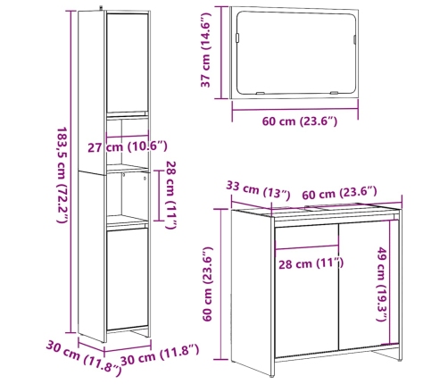 Juego de muebles de baño 3 piezas madera ingeniería envejecida