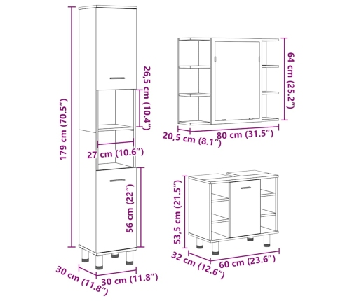 Juego de muebles de baño 3 piezas madera ingeniería envejecida