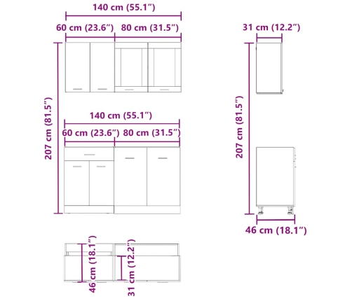 Mueble de cocina 4 piezas madera contrachapada madera vieja