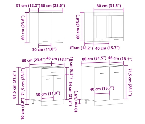 Mueble de cocina 4 piezas madera contrachapada madera vieja