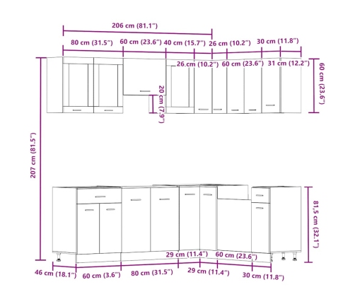 Set de muebles cocina 11 pzas madera ingeniería roble artesanal