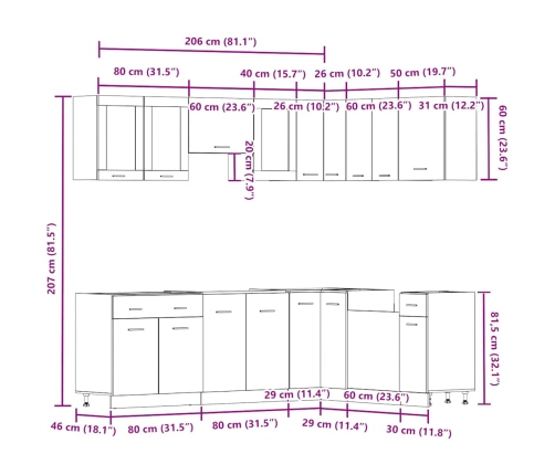 Set de muebles cocina 11 pzas madera ingeniería roble artesanal