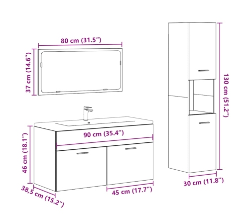 Juego de muebles de baño 3 piezas madera ingeniería envejecida