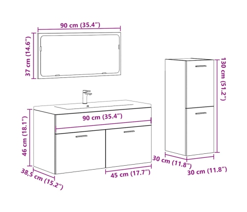 Juego de muebles baño 3 piezas madera ingeniería roble artisan