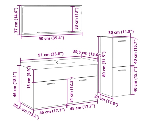 Juego de muebles de baño 4 piezas madera ingeniería envejecida