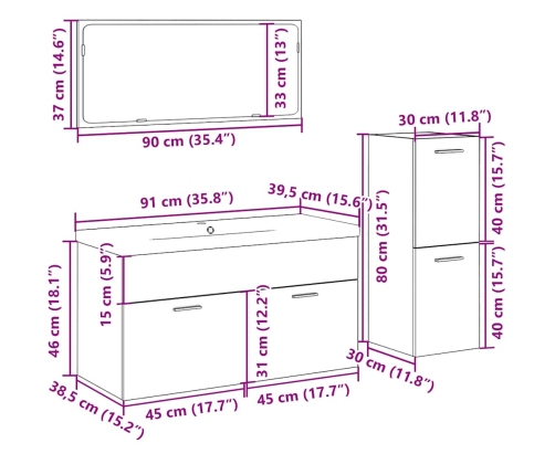 Juego de muebles baño 4 piezas madera ingeniería roble artisan