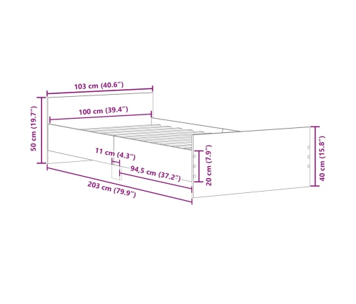 Estructura de cama sin colchón roble artesanal 100x200 cm