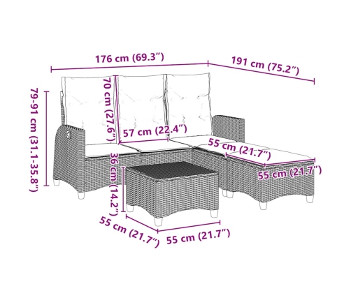 Set de sofás de jardín en forma de L con cojines 3 pzas gris