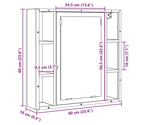 Mueble de baño con espejo de roble artesanal 60x16x60 cm