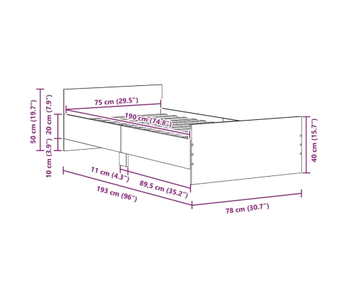 Estructura de cama sin colchón roble artesanal 75x190 cm