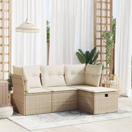 Juego de sofás jardín con cojines 4 pzas ratán sintético beige