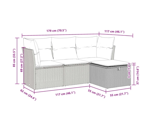 Set de sofás de jardín 4 pzas y cojines ratán sintético gris