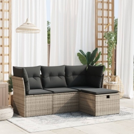 Set de sofás de jardín 4 pzas y cojines ratán sintético gris