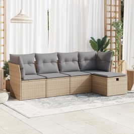 Juego de sofás jardín con cojines 5 pzas ratán sintético beige