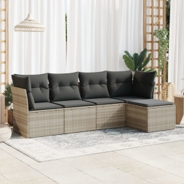 Set de sofás jardín y cojines 5 pzas ratán sintético gris claro
