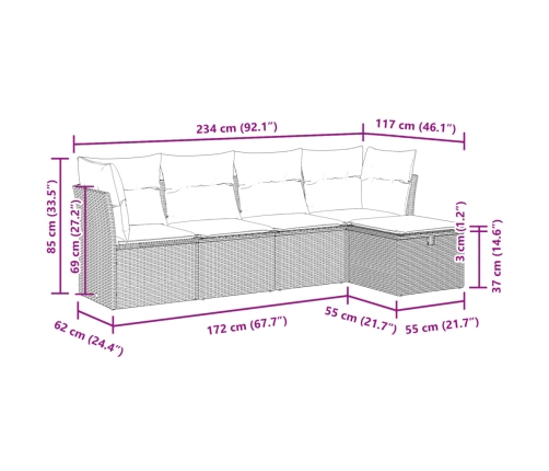 Set comedor de jardín 5 piezas y cojines ratán sintético marrón