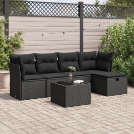 Set de sofás de jardín 6 piezas y cojines ratán sintético negro
