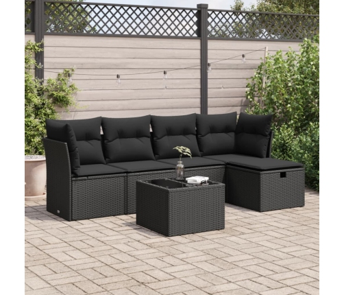 Set de sofás de jardín 6 piezas y cojines ratán sintético negro