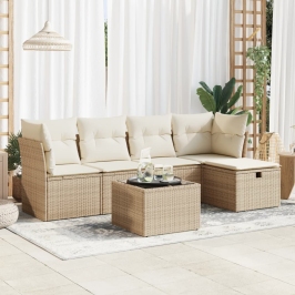 Juego de sofás jardín con cojines 6 pzas ratán sintético beige
