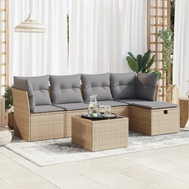 Juego de sofás jardín con cojines 6 pzas ratán sintético beige